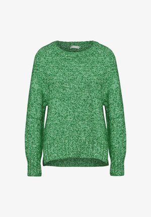 Grön stickad tröja med rundad halsringning, långa ärmar och ribbade mudd. Har ett strukturerat mönster och en löst sittande design.