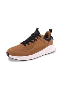 Brown sporty sneaker made of textured synthetic material. Features black laces, a cushioned sole, and a small logo accent on the side.
