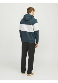 Hætte sweatshirt i mørkegrøn med hvide striber, lavet af blødt stof. Kombineret med strukturerede sorte bukser og afslappet fodtøj.