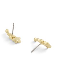 Gouden studs met een golvend ontwerp en stervormige accenten. De metalen afwerking is glad met een gepolijste textuur. Beschikt over een rechte pin.