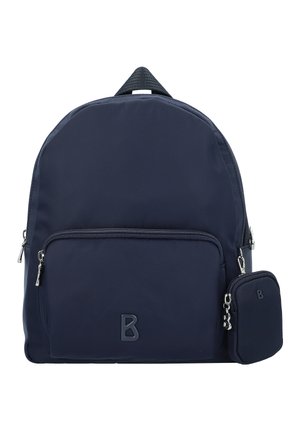 Navy Nylon-Rucksack mit runder Form, ausgestattet mit einer vorderen Reißverschlusstasche und einem abnehmbaren Mini-Pouch. Glatte Textur mit Logo-Detail.