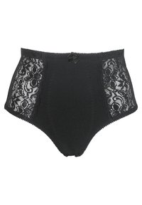 Högmidjade svarta trosor med spets sidor, vågiga kanter och en liten rosett på framsidan. Slät tygtextur.