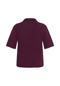Pull tricoté couleur prune à manches courtes avec col, poignets et ourlet côtelés, vu de dos sur fond blanc.