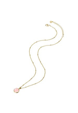Collier doré avec une chaîne délicate et un pendentif rond de couleur rose pâle. La chaîne est composée de petits maillons et dispose d'un fermoir ajustable.