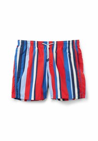 Bañador con rayas verticales en rojo, azul y crema. Fabricado con un material ligero, cuenta con una cinturilla elástica y cordón frontal.