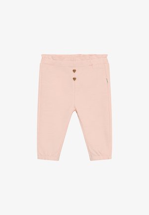 Pantalon en coton rose clair avec taille élastique, trois boutons en bois en forme de cœur et poignets ajustés. Texture douce avec un design minimaliste.
