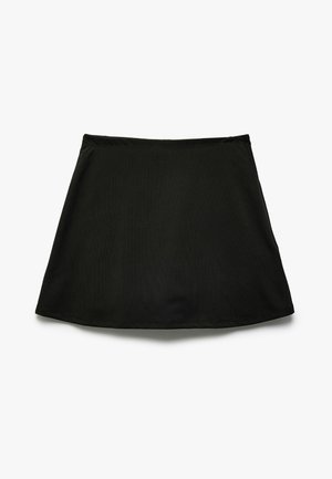 Musta ribbattu hame, jossa on levenevä muoto ja sileä elastinen vyötärö. Sisältää siistin helman ja kevyen kangasrakenteen.