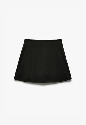 Musta ribbattu hame, jossa on levenevä muoto ja sileä elastinen vyötärö. Sisältää siistin helman ja kevyen kangasrakenteen.