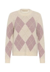 Kremasta pletena jopica z rožnato in zlatimi rombi v argyle vzorcu po sprednjem delu in rokavih ter z rebrastimi manšeti in robom.