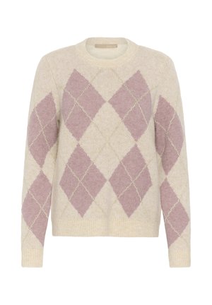 Krämfärgad stickad tröja med rosa och guld argyle-diagonalmönster över framsidan och ärmarna, med ribbade muddarna och fållen.