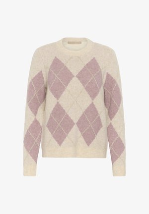 Krémový pletený sveter s ružovým a zlatým argyle diamantovým vzorom na prednej strane a na rukávoch, s rebrovanými manžetami a spodným lemom.