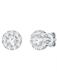 Runda stiftörhängen med en central klar ädelsten omgiven av mindre klara stenar, satta i polerad silverfärgad metall.