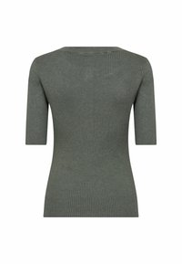 Ribbed knit top in dark green, featuring short sleeves and a rounded neckline. Texture is smooth with a uniform pattern throughout.