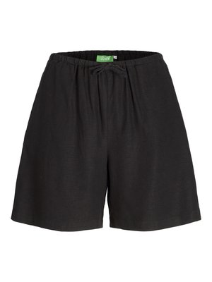 Schwarze Shorts aus leichtem Material mit elastischem Bund und Kordelzug. Einfache Gestaltung und knielanger Schnitt.