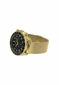 Goldfarbener Uhr mit schwarzem Zifferblatt, Chronographen-Funktionen und Mesh-Armband. Runder Gehäuse, leuchtende Indizes und Tachymeterskala auf der Lünette.