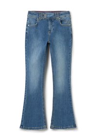 Jean flare en denim bleu clair avec une fermeture à deux boutons, cinq poches et des détails décolorés. Ourlet cousu au bas évasé.