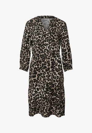 Leopardenmuster-Kleid mit V-Ausschnitt, langen Ärmeln und gestuftem Rock. Hergestellt aus leichtem Stoff in Beige und Schwarz.