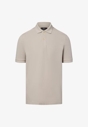 Polo beige realizzato in tessuto testurizzato con colletto classico, due bottoni dorati e maniche corte. Design semplice e pulito.