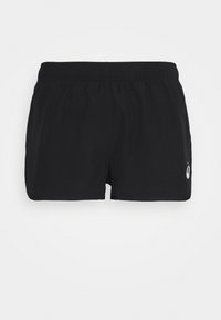 Schwarze Sportshorts mit elastischem Bund, ausgestattet mit einem kleinen weißen Logo am unteren rechten Bein, aus leichtem Stoff gefertigt.