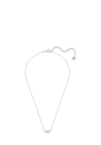 Collier en chaîne argentée au design minimaliste, avec une pierre précieuse centrale en accent et un fermoir réglable orné d'un petit charm.