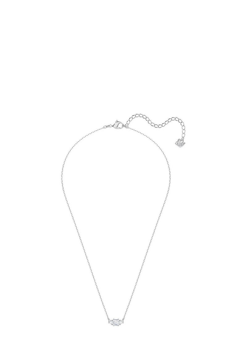 Collier en chaîne argentée au design minimaliste, avec une pierre précieuse centrale en accent et un fermoir réglable orné d'un petit charm.