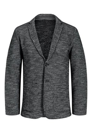 Ciemnoszary, teksturowany dzianinowy blezer z klapami z wycięciem, dwoma naszywanymi kieszeniami z przodu, kieszenią na piersi oraz zapięciem na dwa guziki.