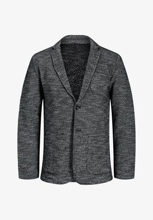 Ciemnoszary, teksturowany dzianinowy blezer z klapami z wycięciem, dwoma naszywanymi kieszeniami z przodu, kieszenią na piersi oraz zapięciem na dwa guziki.
