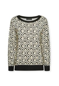 Suéter de manga larga con un patrón geométrico de diamantes en negro, blanco y dorado. Cuello y puños de canalé en negro, tejido texturizado.