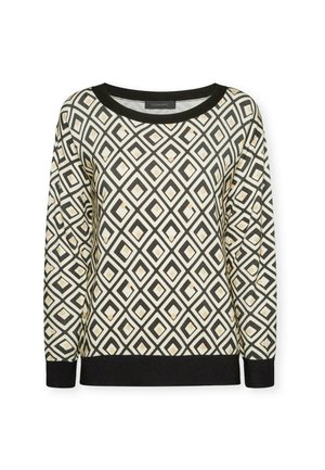 Langärmliger Pullover mit einem geometrischen Muster aus schwarzen, weißen und goldenen Rauten. Gerippter schwarzer Halsausschnitt und Bündchen, strukturierter Stoff.