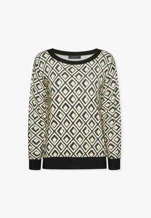 Długi sweter z rękawami, ozdobiony geometrycznym wzorem w czarne, białe i złote diamenty. Ribbowany czarny dekolt i mankiety, teksturowany materiał.