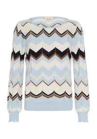 Sweater en maille à manches longues avec des motifs en zigzag bleus, crème, marron et noirs, et des poignets et un ourlet côtelés.