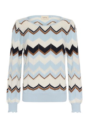 Dugi pleteni pulover s plavim, kremastim, smeškim i crnim cik-cak uzorcima te rebrastim manžetama i donjim rubom.