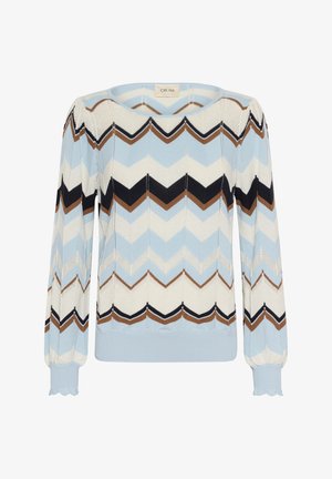 Långärmad stickad tröja med zigzagmönster i blått, crème, brunt och svart samt ribbade ärmslut och nederkant.