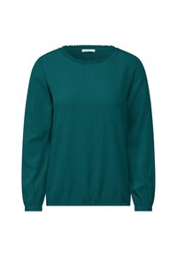 Teal långärmad blus i en texturerad tyg, rund halsringning och rynkade detaljer vid halsen och ärmsluten för en avslappnad passform.