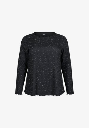 Černý dlouhý rukáv strukturovaný top s malými bílými tečkami, s vlnitými okraji na výstřihu, manžetách a lemu.