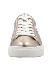 Metallic gold sneakers with white laces, textured side panels, and a white rubber sole. Features a smooth surface and rounded toe design.