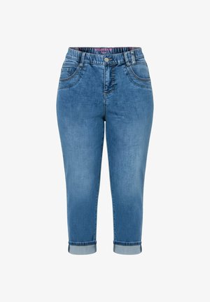 Denim jeans in middenblauw met omgeslagen zoom, een elastische tailleband, knoopsluiting aan de voorkant, riemlussen en voor- en achterzakken.