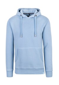Sweat à capuche bleu clair avec poche avant, cordons de serrage, poignets et ourlet côtelés, et logo brodé discret sur la poitrine.