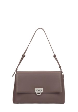 Brown leather handbag with a flap closure, silver hardware, and adjustable strap. Smooth texture with a structured rectangular shape.