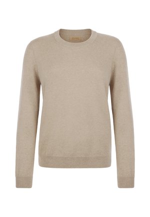 Jasnobeżowy sweter wykonany z miękkiej tkaniny. Okrągły dekolt, długie rękawy oraz prążkowany dół i mankiety. Minimalistyczny design bez wzorów.