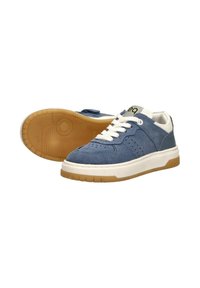 Blue suede sneakers with white rubber soles and laces. Features perforations for breathability and a textured tan outsole.