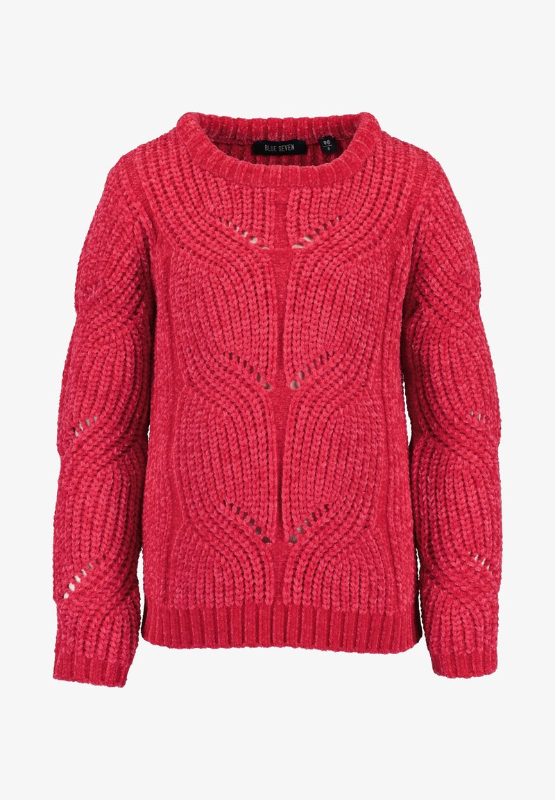 Pull rouge en gros tricot avec motifs torsadés, manches longues, poignets et ourlet côtelés, étiquette taille 98 pour enfants.