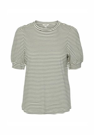 Stripet kortermet t-skjorte i off-white og svart, med rund hals og rynket detalj på puffede ermer, laget av myk tekstil.