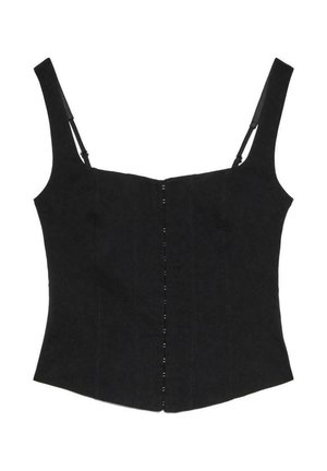 Top corsetto nero aderente senza maniche con sottili spalline regolabili e chiusura frontale con bottoni.