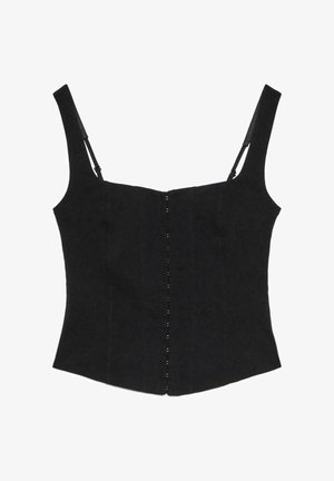 Top corsetto nero aderente senza maniche con sottili spalline regolabili e chiusura frontale con bottoni.