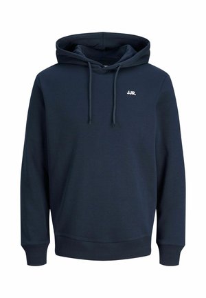 Tumesinine kapuutsiga dressipluus paeladega ja valge väikese "JJR." logoga vasakul rinnal, pika varruga, soonikkoes mansettide ja äärega.