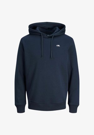 Marineblauer Kapuzenpullover mit Kordelzug und kleinem weißem "JJR."-Logo auf der oberen linken Brust, langen Ärmeln, gerippten Bündchen und Saum.