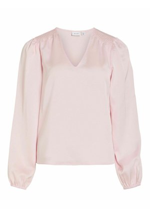 Light pink blouse with a V-neck, long puffed sleeves, and gathered detailing at the shoulders. Smooth satin-like texture, simple design.