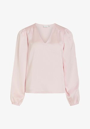 Light pink blouse with a V-neck, long puffed sleeves, and gathered detailing at the shoulders. Smooth satin-like texture, simple design.