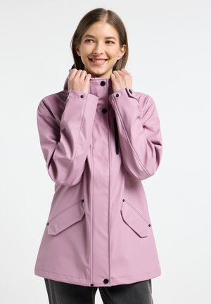 Light pink waterproof jacket with a hood, featuring two front pockets, snap closures, and adjustable cuffs. Smooth, matte texture.